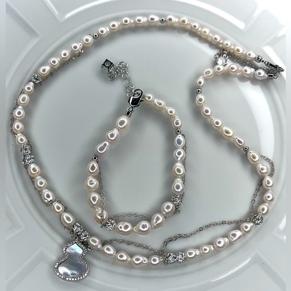 🔥DEALS🔥 Handmade Freshwater Pearl Mother Of Pearl Necklace & Bracelet SET - Picture 2 of 3
